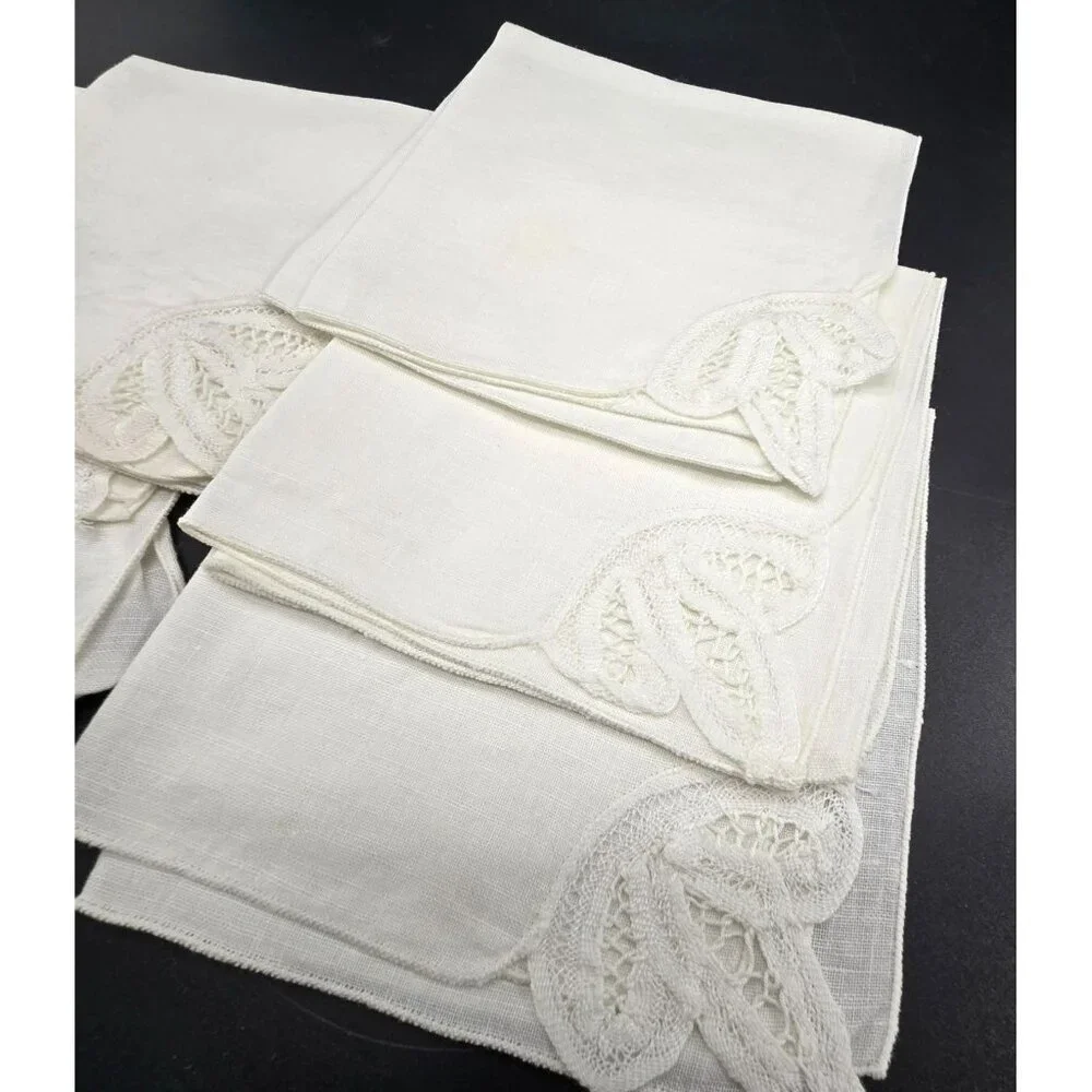 Vintage White Linen Napkins With Crochet Lace Corner Set Of 6 JJ3967